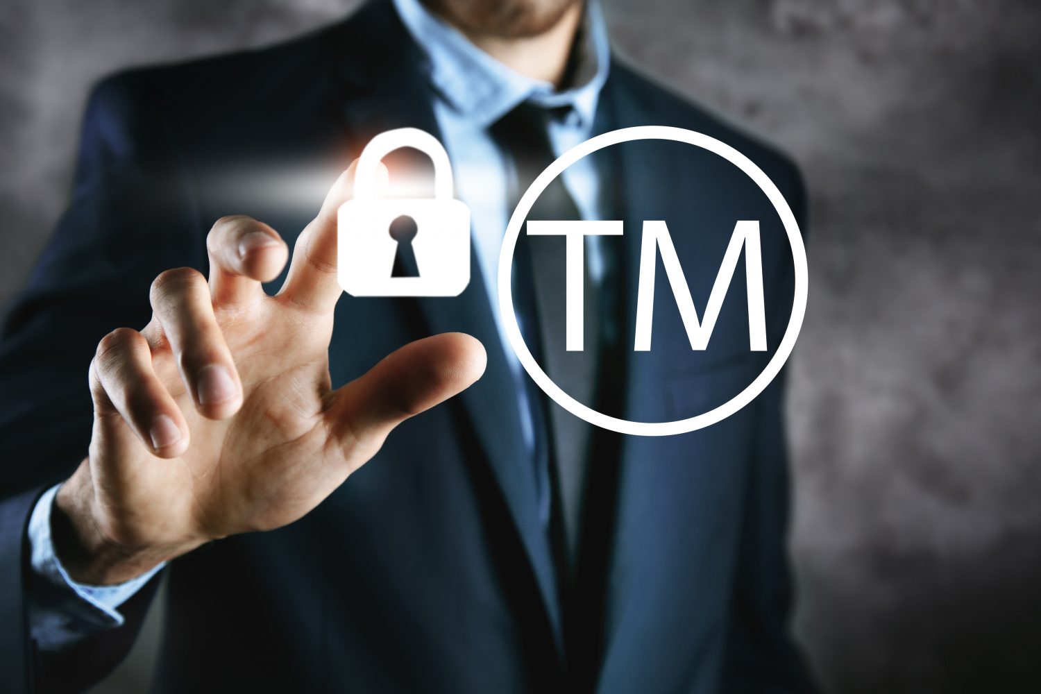 businessman clicks on screen brand concept with lock